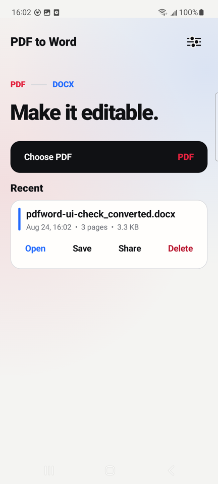 PDF to Word Android app home screen
